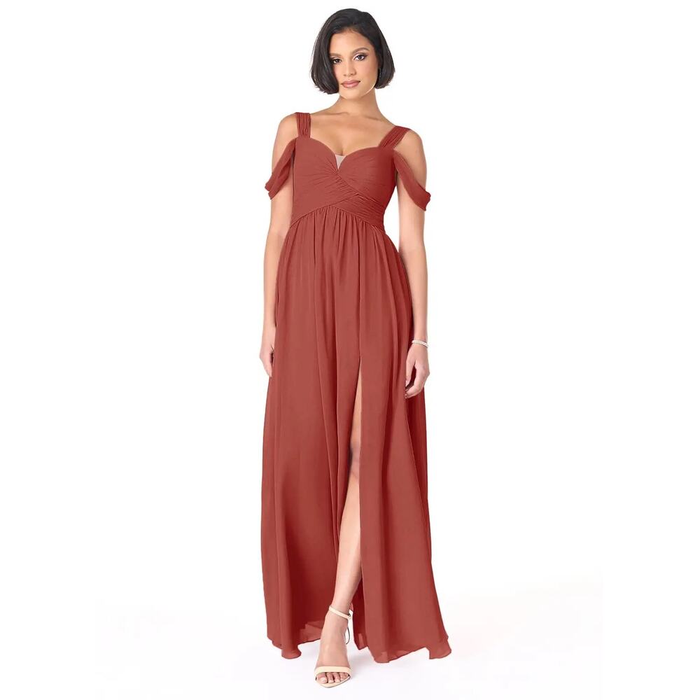 Azazie Lianne Terracotta size A10 A-Line Off the Shoulder Chiffon Dress